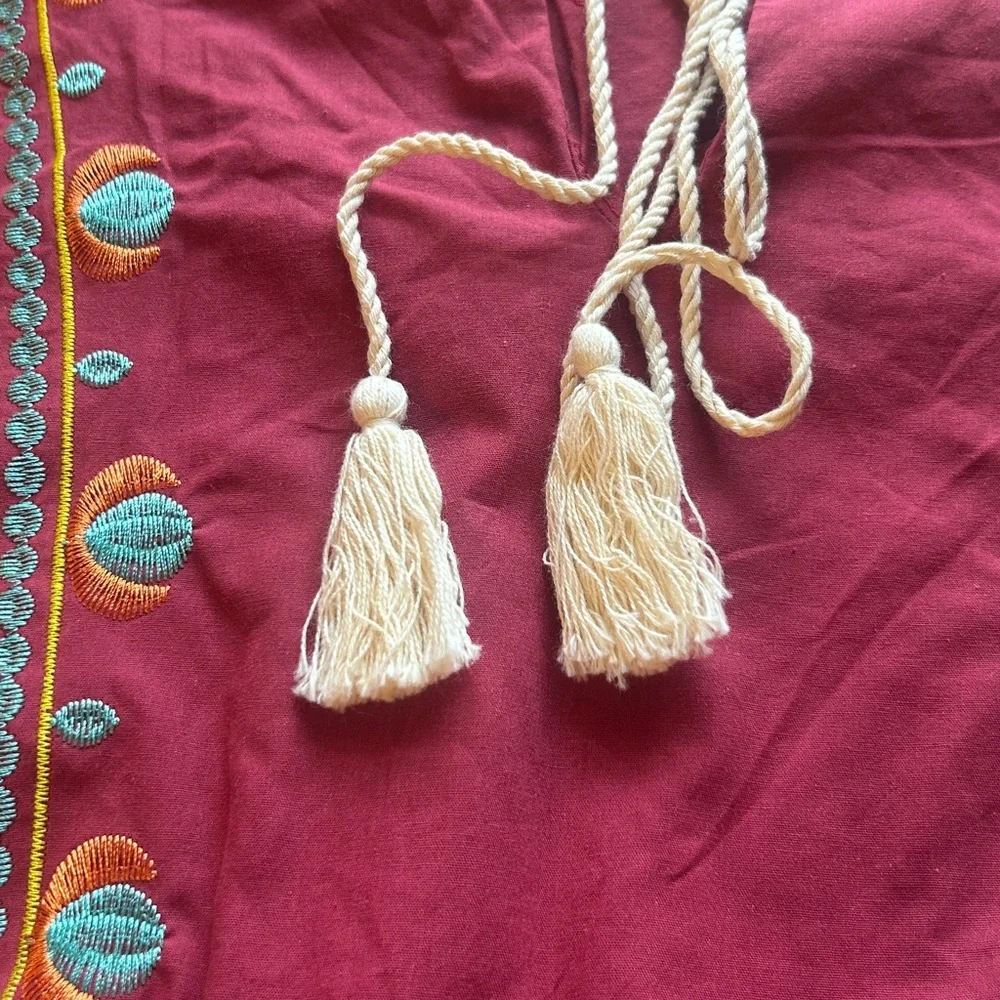 Boho Embroidered Burgundy Peasant Mini Dress Floral Sleeve Festival‎ Cottagecore - Picture 10 of 11